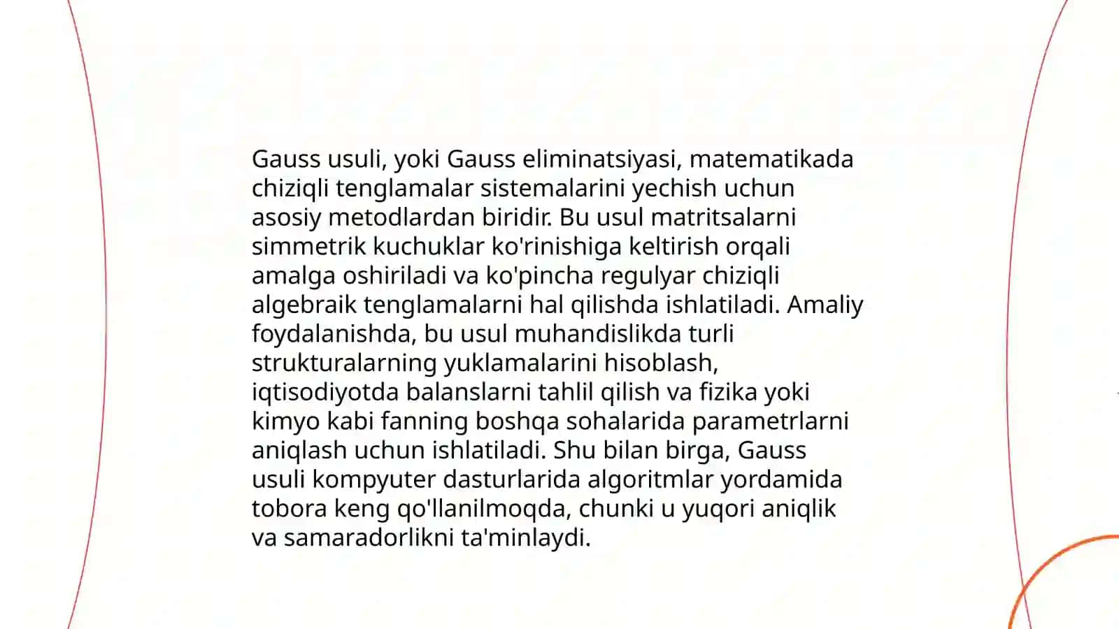 Chiziqli tenglamalar sistemasini ishlashning Gauss usuli. Chiziqli tenglamalar sistemasini ishlashning Kramer usuli. Chiziqli tenglamalar sistemasini yechishning teskari matritsa usuli 4