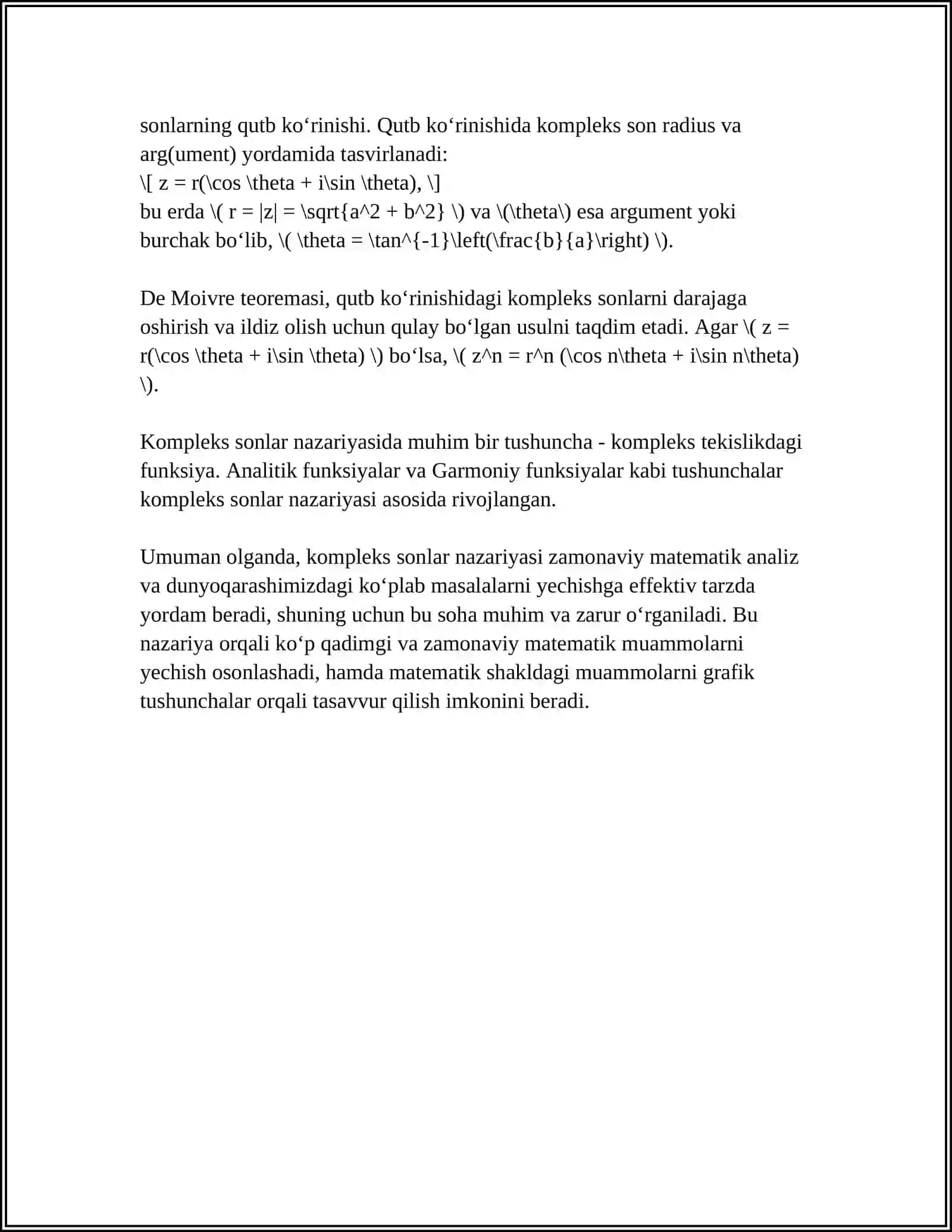 KOMPLEKS SONNING KOʻRSATKICHLI FORMASI. EYLER FORMULASI 4