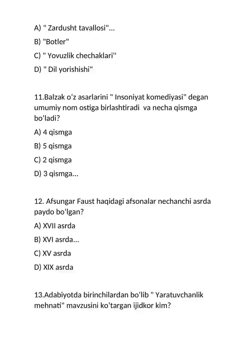Jahon adabiyoti fanidan test savollari 4
