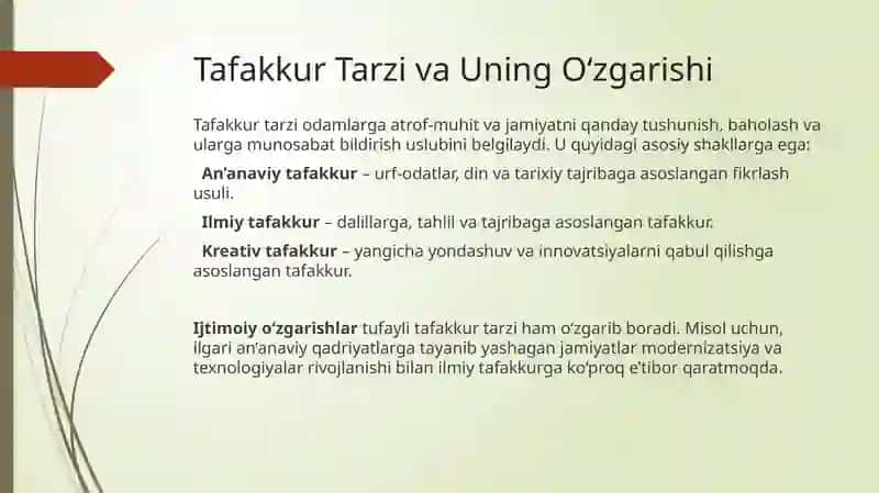 Tafakkur tarzi va ijtimoiy o‘zgarishlar modernizatsiya va globalizatsiya jarayonlari 4