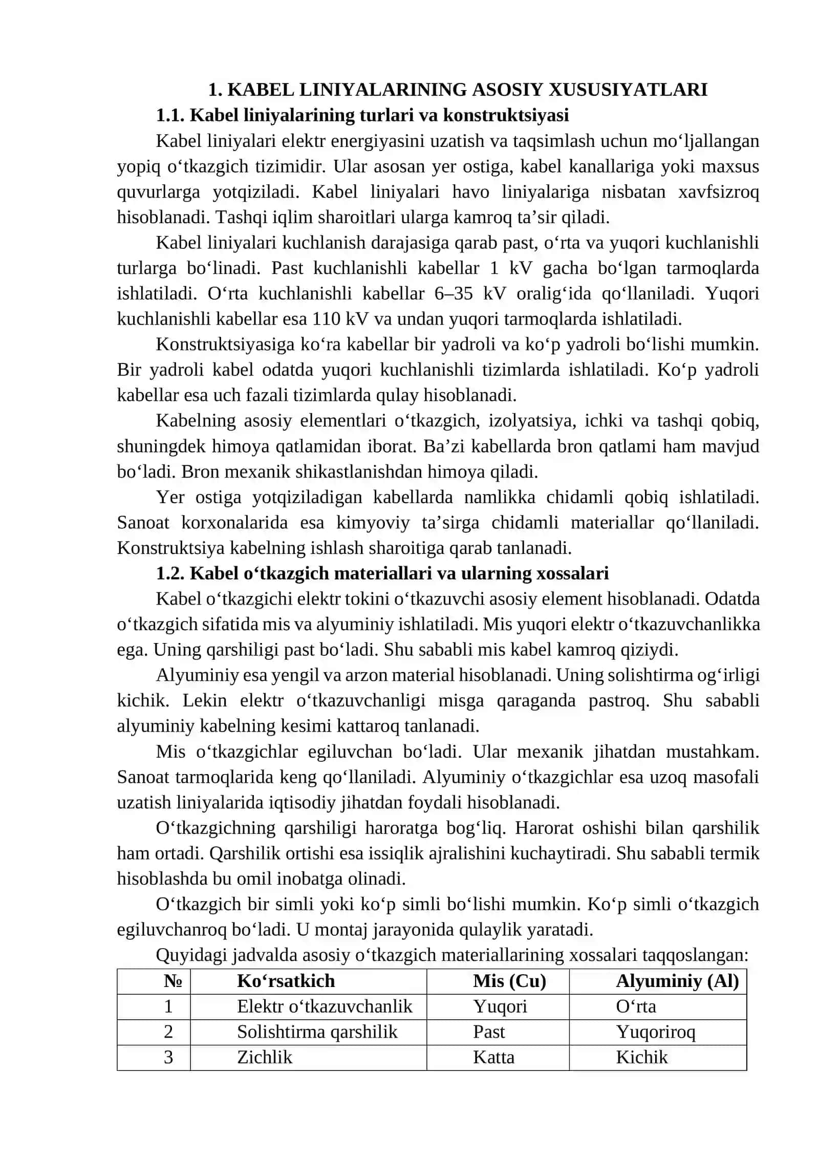 Kabel liniyalarini tokning termik bardoshlilik sharti bo‘yicha tanlash 4