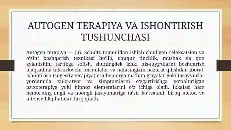 Autogen terapiya va ishontirishning kasallikni davolashga taʼsiri. Dori vositalari yoʻriqnomalari bilan ishlash talablari. 4