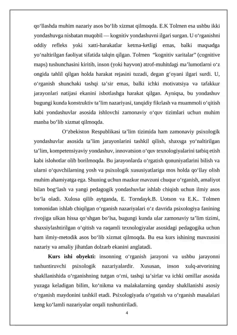 O’RGATISH QONUNI. E.TORNDAYK DJ.B.UOTSON VA  EK TOLMENING INSONGA NAZARIY QARASHLAR NAZARIYASI. 4