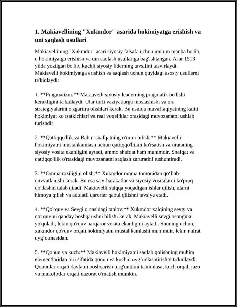 MAKIAVELLINING ʼʼXUKMDORʼʼASARI BOʻYICHA ESSE YOZISH 4