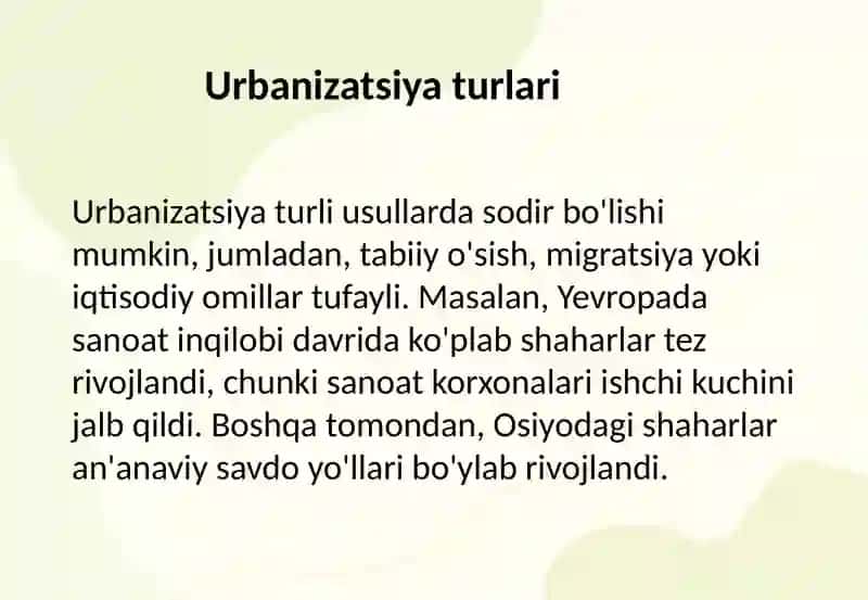 Urbanizatsiya tarixi turlari urf odatlari 4