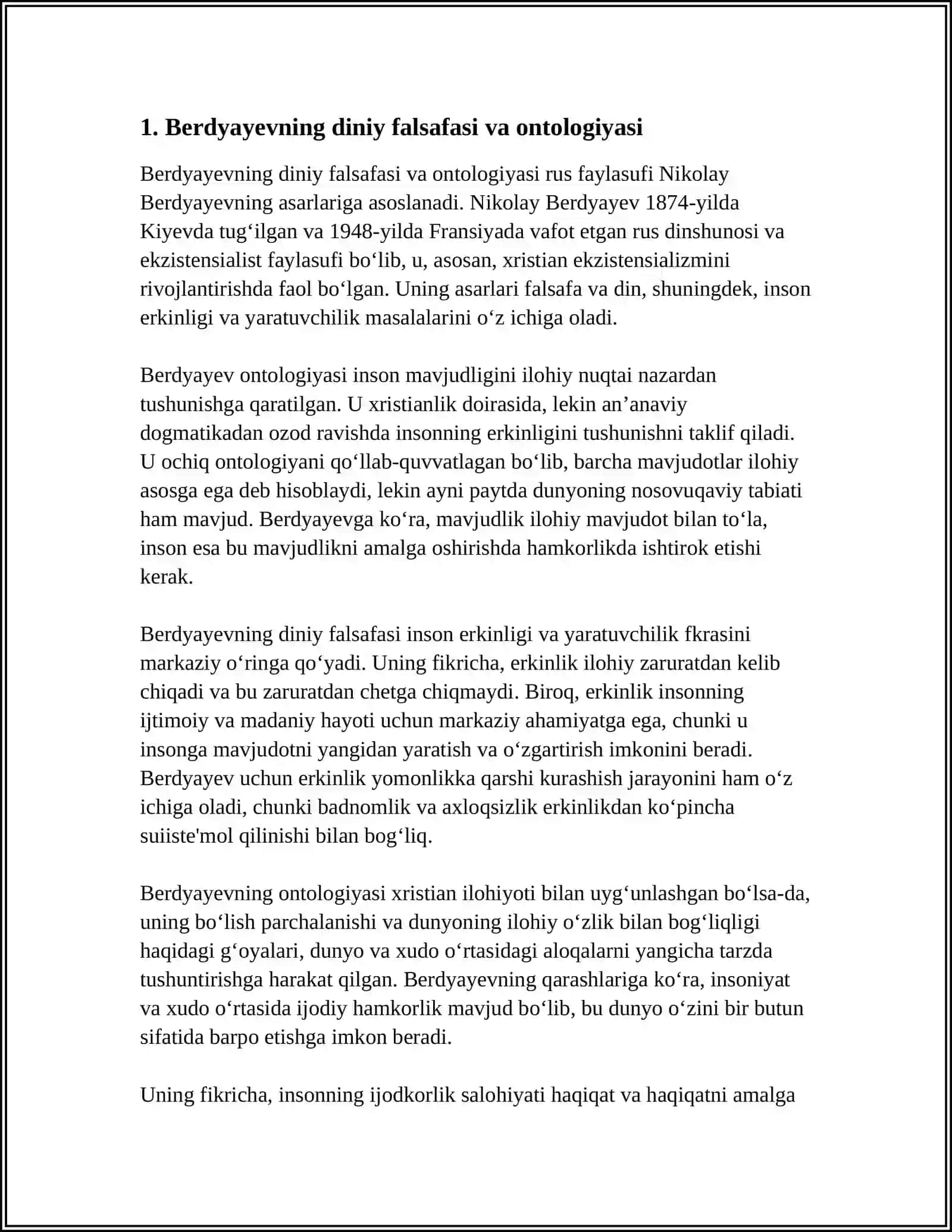 MUSTAQIL ISH Mavzu: DIN VA HURFIKRLILIK BERDYAYEVNING DINIY HURFIKRLILIK HAQIDAGI GʻOYALARI GʻAZZOLIY GʻOYALARI BILAN QIYOSLASH 4