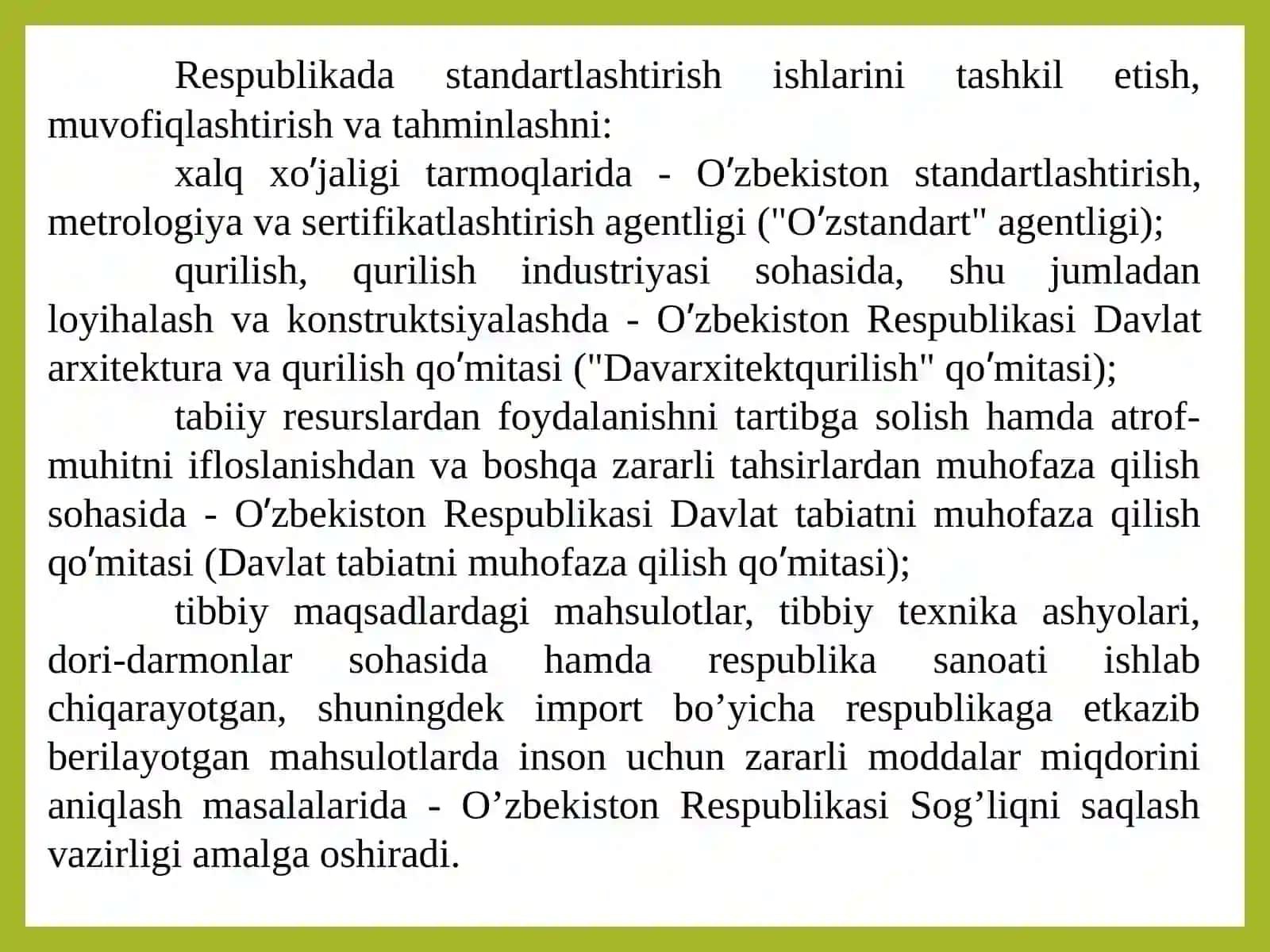 O‘ZBEKISTON RESPUBLIKASINING«STANDARTLASHTIRISH TO‘G‘RISIDA»GI QONUNINI O‘RGANISH 4