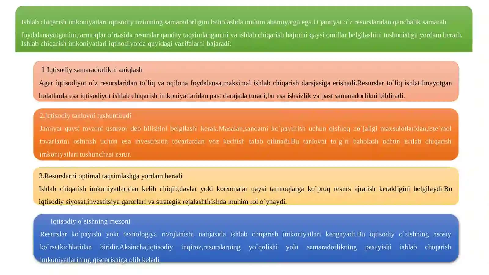 Ishlab chiqarish imkoniyatlari va uning chegaralari (19 slaydli prezentatsiya, Iqtisodiyot nazariyas 4