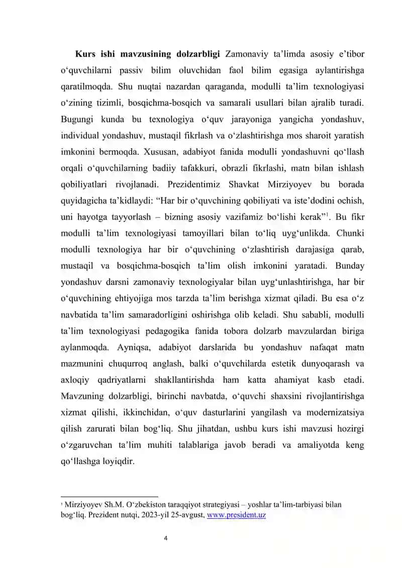 Modulli ta'lim texnologiyasi xususiyatlari va adabiyot o'qitishda undan foydalanish 4