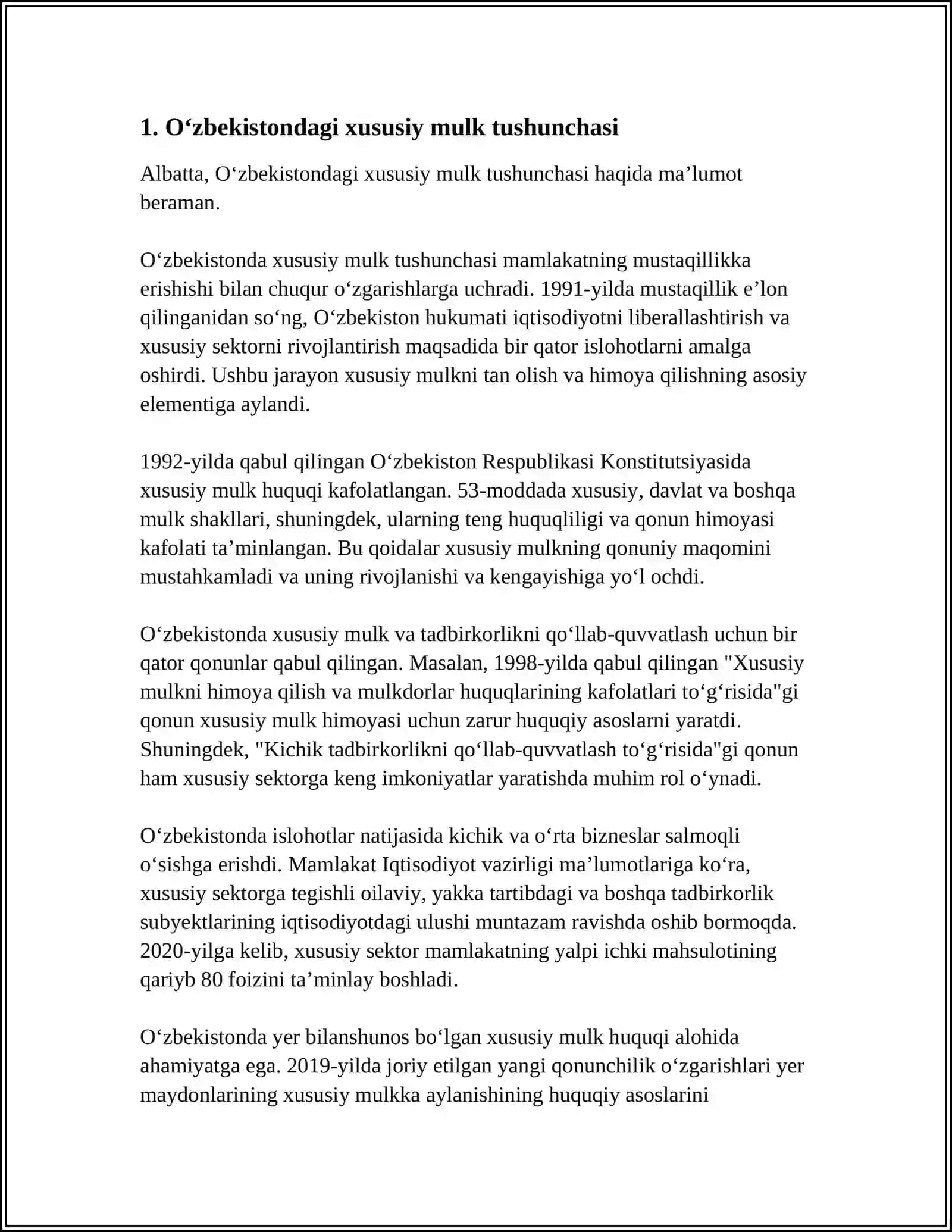 O'ZBEKISTON RESPUBLIKASINING IQTISODIY TIZIMI. XUSUSIY MULKNING DAXLSIZLIGI HAMDA DAVLAT TOMONIDAN MUHOFAZA QILINISHI 4