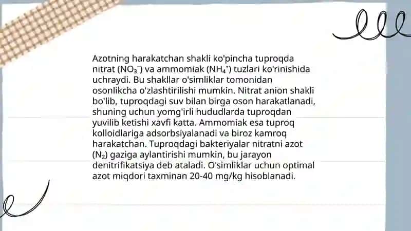 Tuproqdagi N, P, K, S, Ca elementlarining yalpi va harakatchan miqdori 4