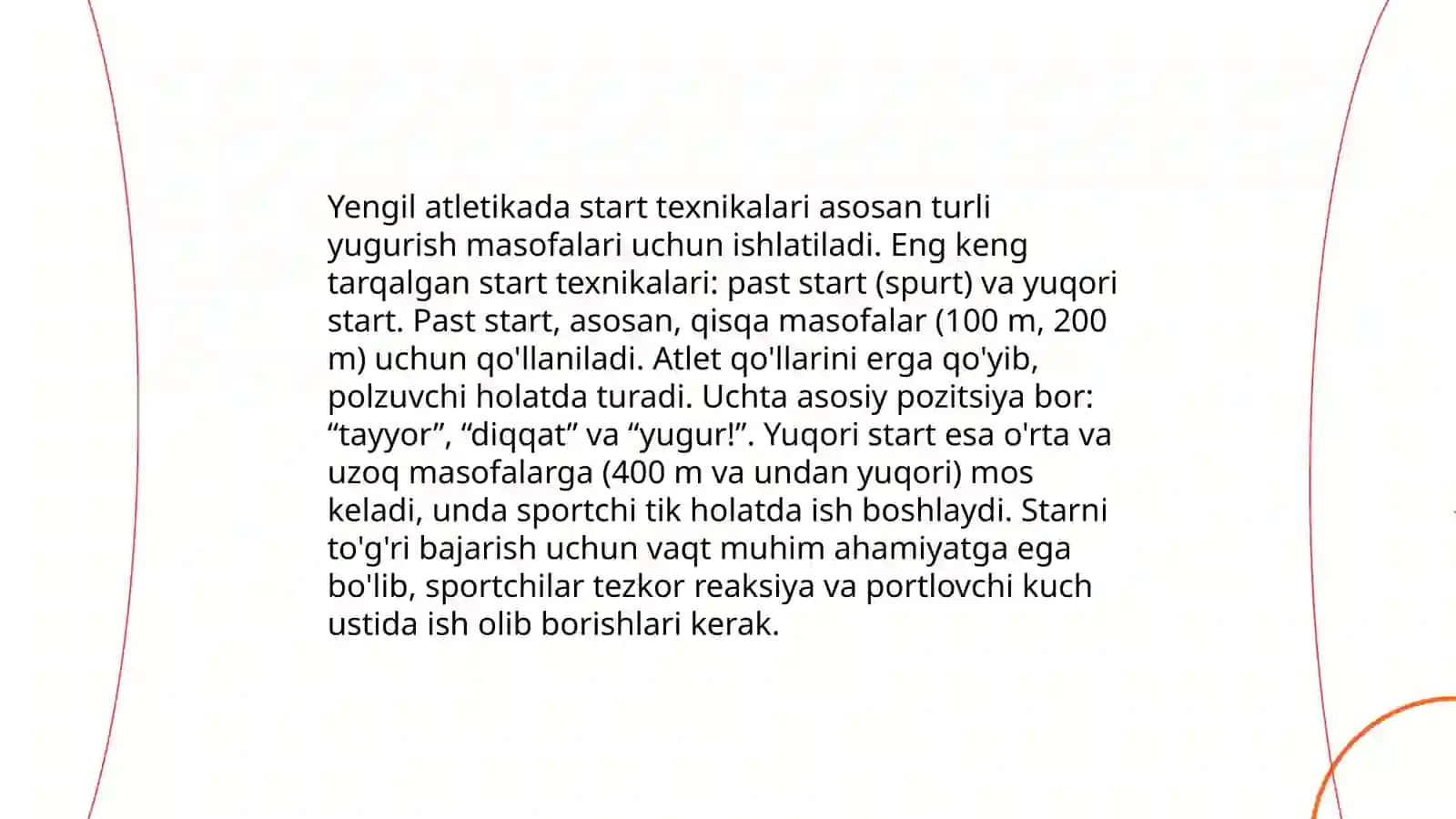 Yengil atletika. Pastki start texnikasi va maxsus yugurish mashqlari 60 m masofaga 4