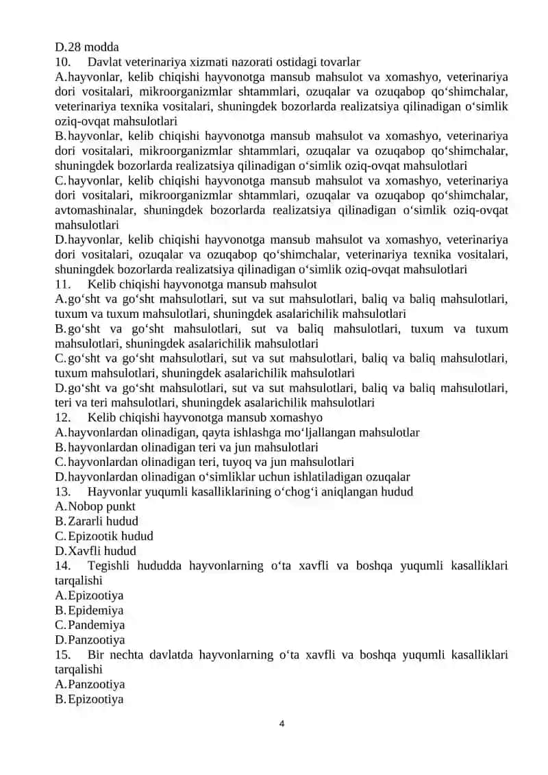 "VETERINARIYADA KASB ETIKASI" TEST SAVOLLARI 4
