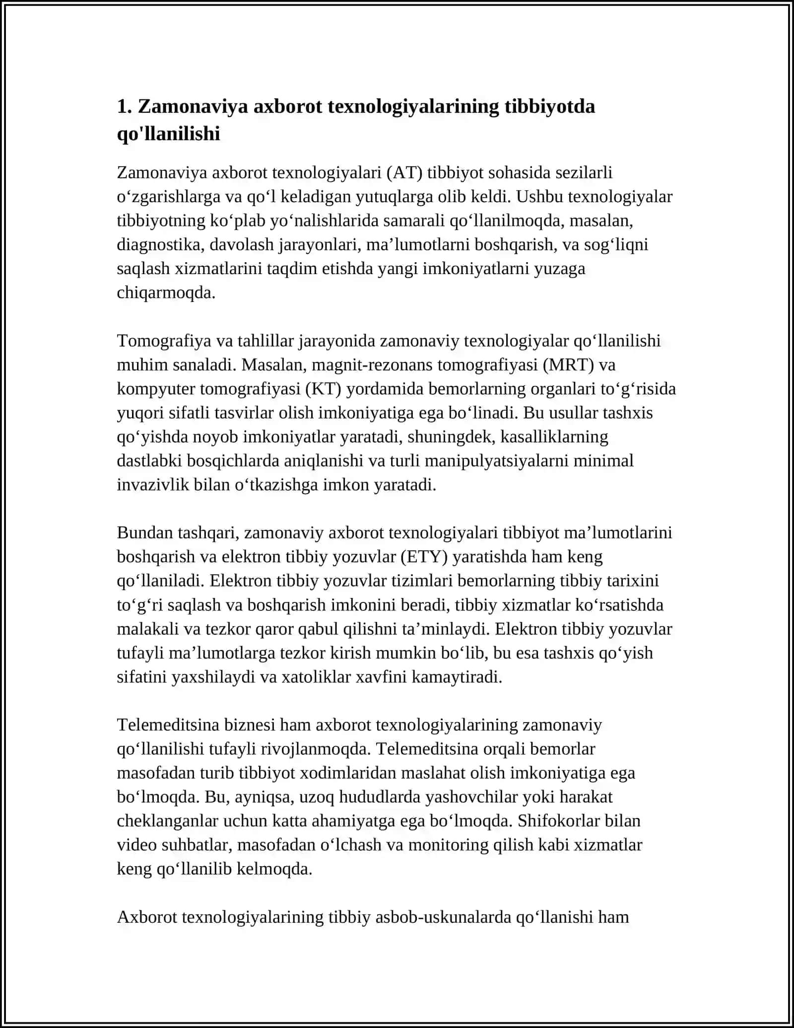 ZAMONAVIY AXBOROT TEXNOLOGIYALARIDAN BUGUNGI KUNDA FOYDALANISH DARAJASI, ULARNI TIBBIYOTNING TURLI SOXALARIDA MA' LUMOTLAR TO'PLASHDA, DIAGNOSTIKA VA DAVOLASHDA TUTGAN O'RNI 4