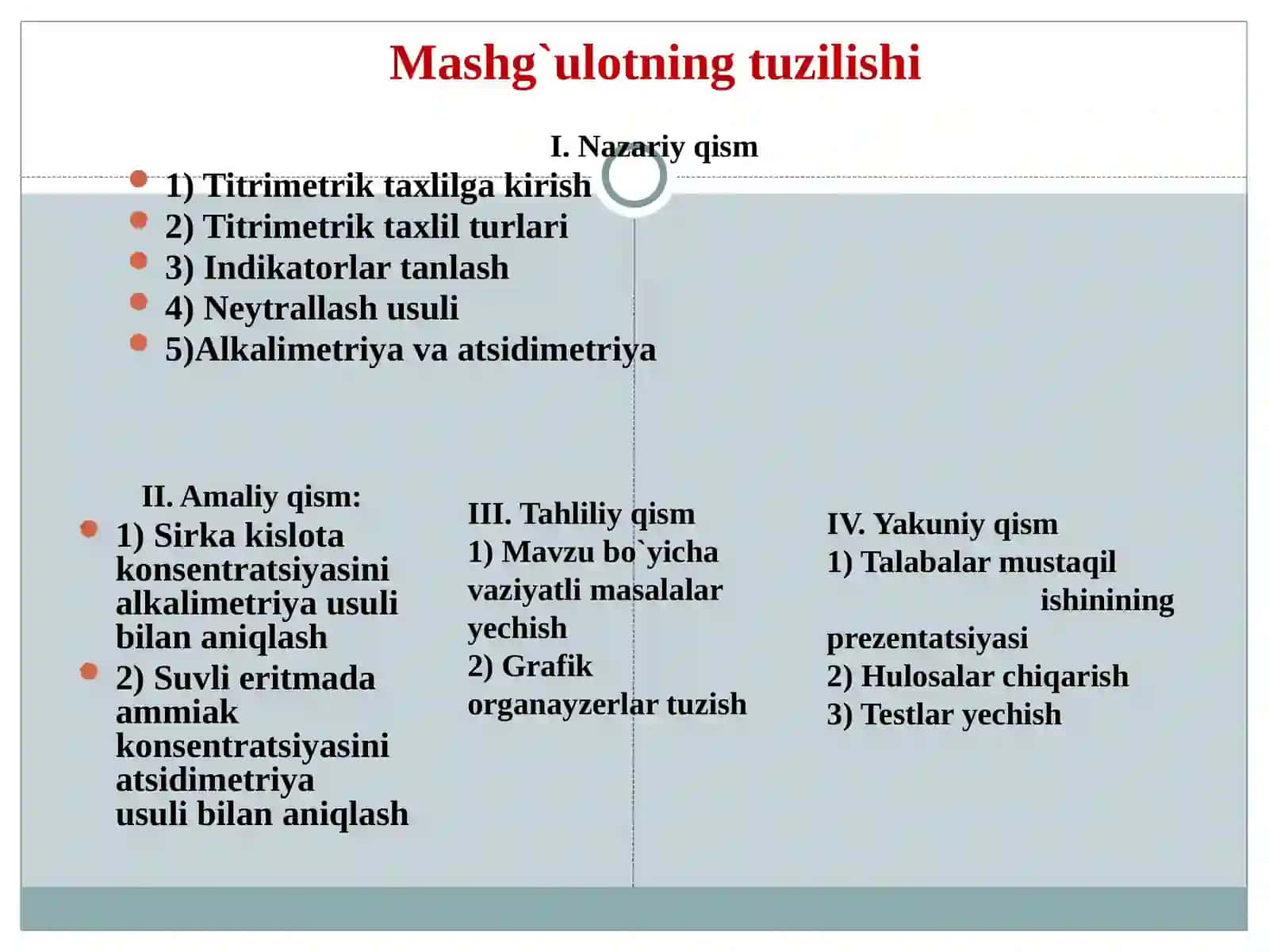 Titrimetrik tahlil. Neytrallash usuli. Oksidimetriya usullari 4