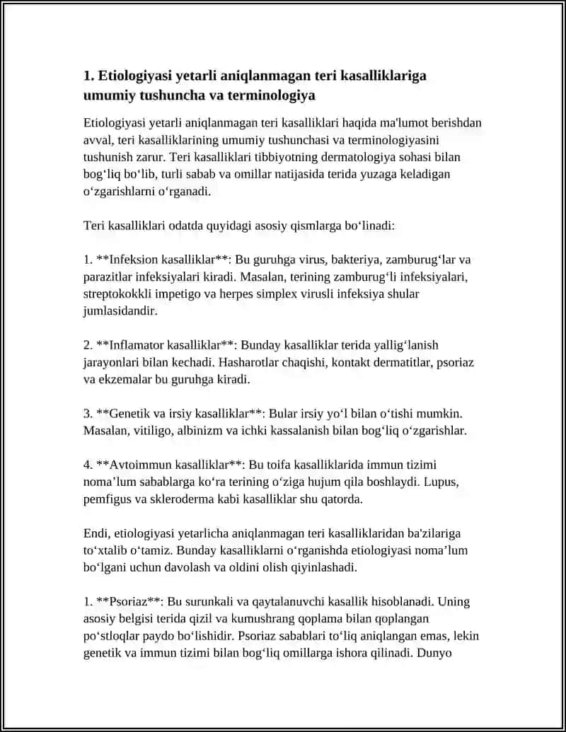 ETIOLOGIYASI YETARLI ANIQLANMAGAN TERI KASALLIKLARI KELIB CHIQISH SABABLARI, TURLARI, KLINIK BELGILARI, MAVSUMIYLIGI VA ASORATLARI. 4