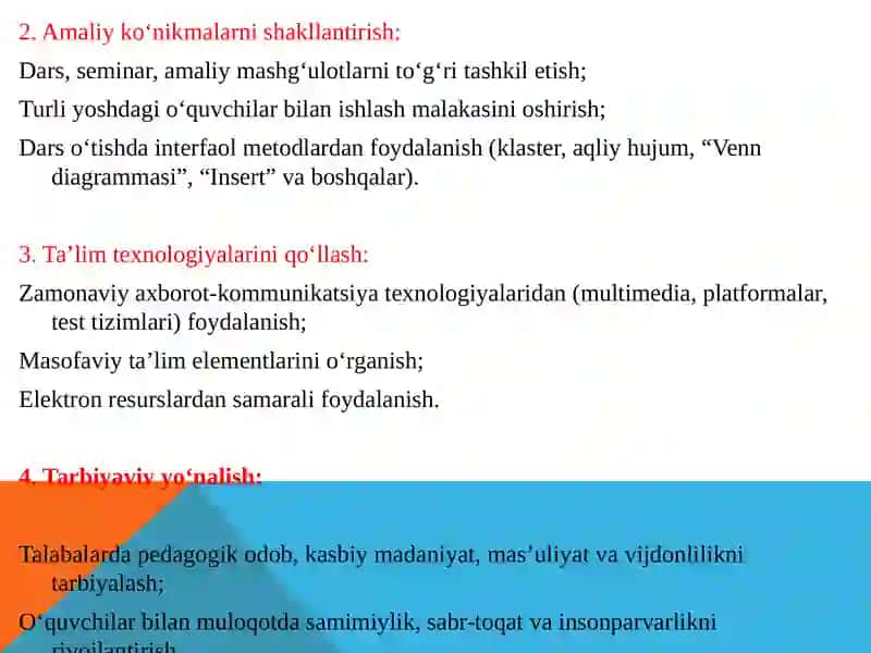 Pedagogik fanlarni o‘qitish metodikasi fanining predmeti, maqsad va vazifalari. 4