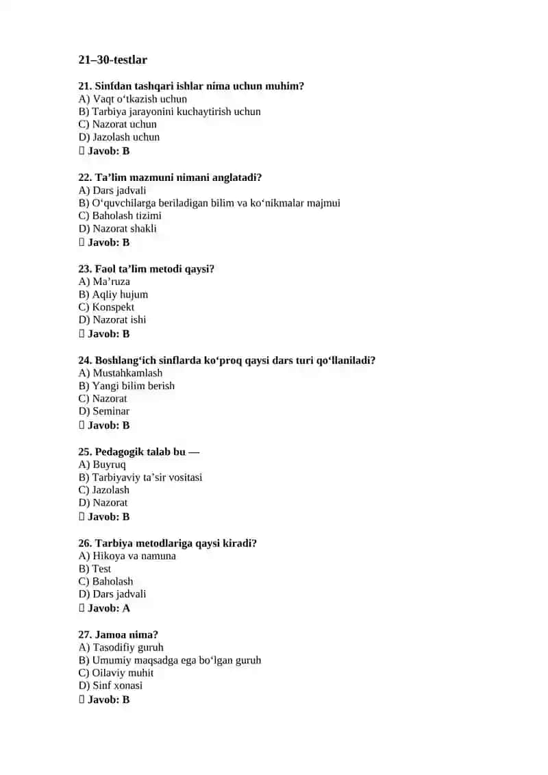 Pedagogika boshlangʻich sinf atestatsiya testlari 4