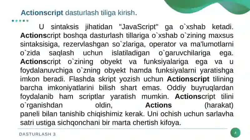 Actionscript dasturlash tilining imkoniyatlari haqida dastlabki ma'lumot va Actions paneli bilan ishlash 4