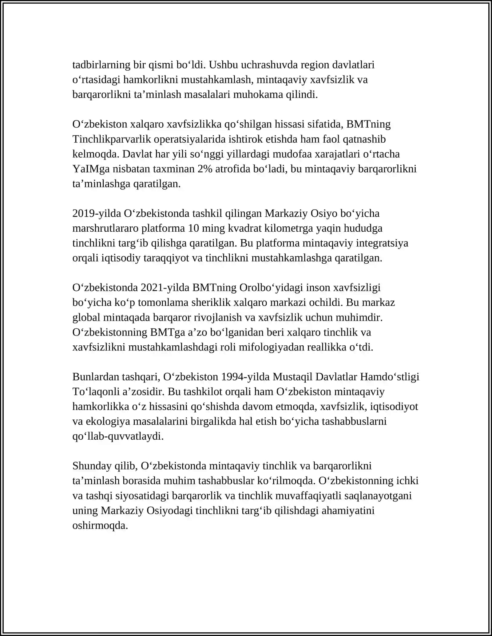 UZBEKISTONNING MARKAZIY OSIYODA TINCLIK VA BARQARORLIKNI TAMINLASHDAGI ÓRNI 4