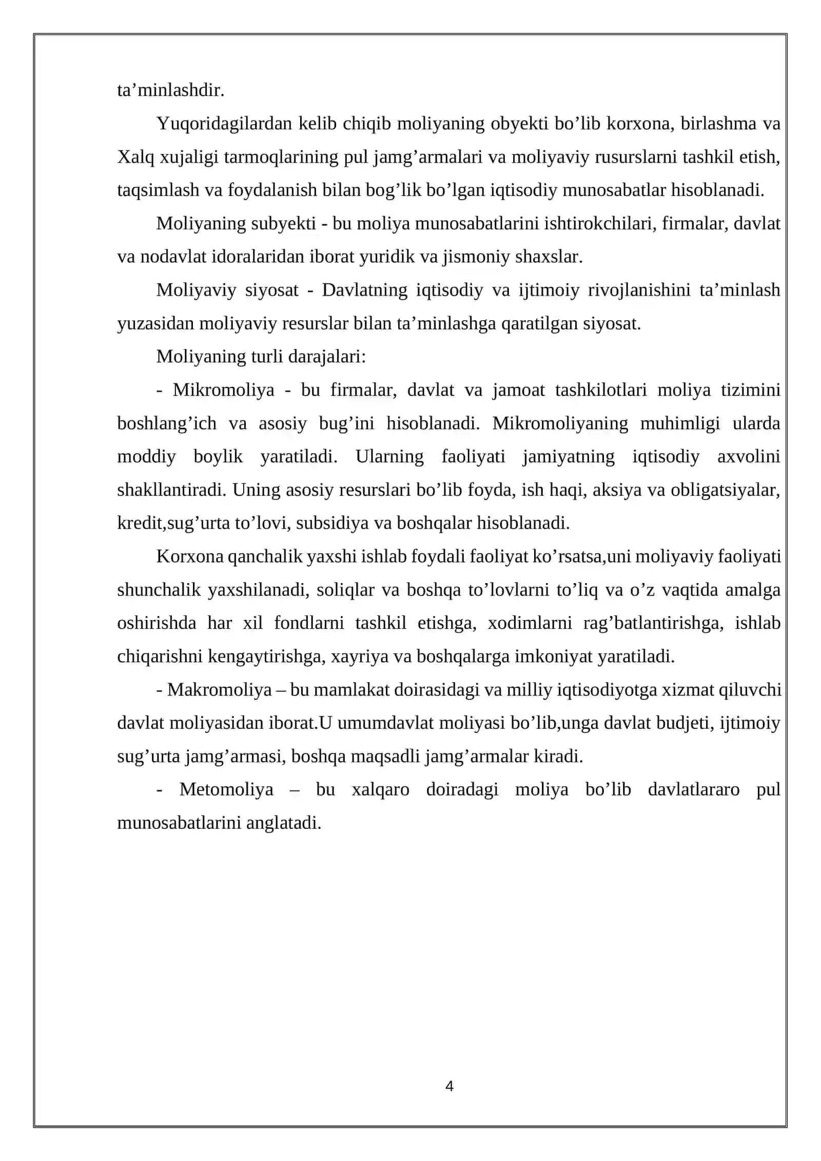 “MOLIYA BOSHQARUV ORGANLARI VA ULARNING VAZIFALARI” MAVZUSIDAGI KURS ISHI 4