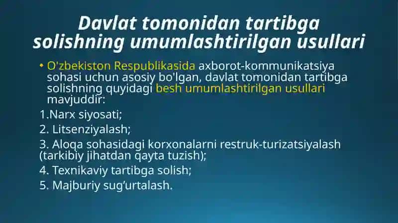 ALOQA KORXONALARINIFAOLIYATININGDAVLATTOMONIDANTARTIBGA SOLINISHI 4
