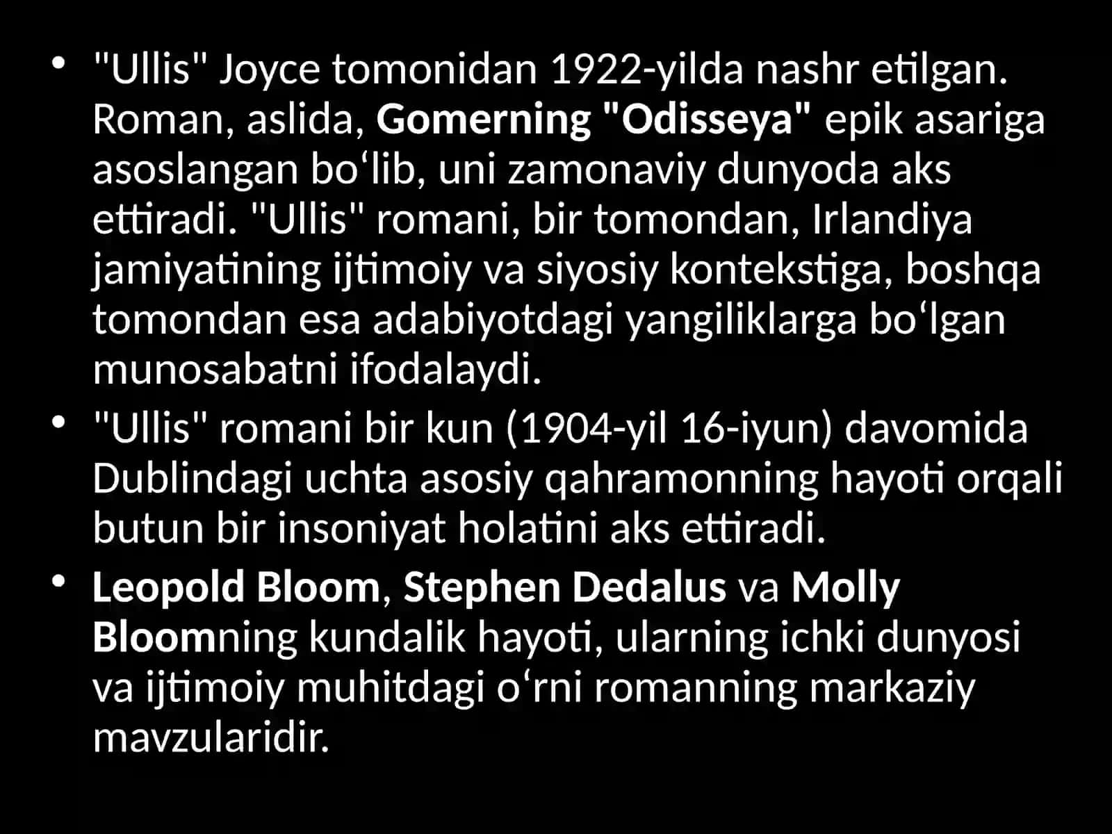 J. Joysning “Ullis”, Frans Kafkaning “Jarayon” asarlarida ekzistensializm talqini 4