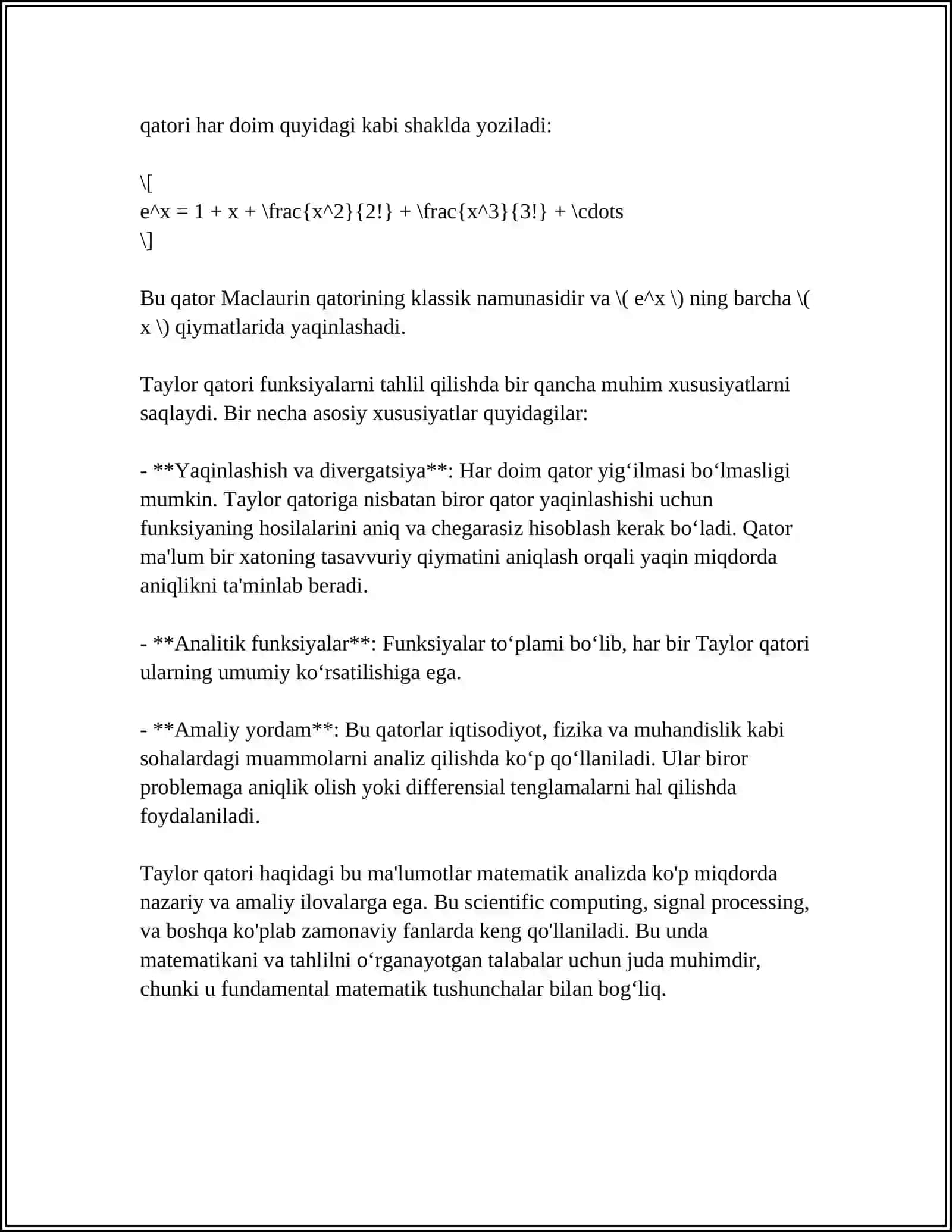 FUNKSIYALARNI TEYLOR VA MOKLOREN QATORLARIGA YOYISHGA MISOLLAR.LOPITAL QOIDASI 4