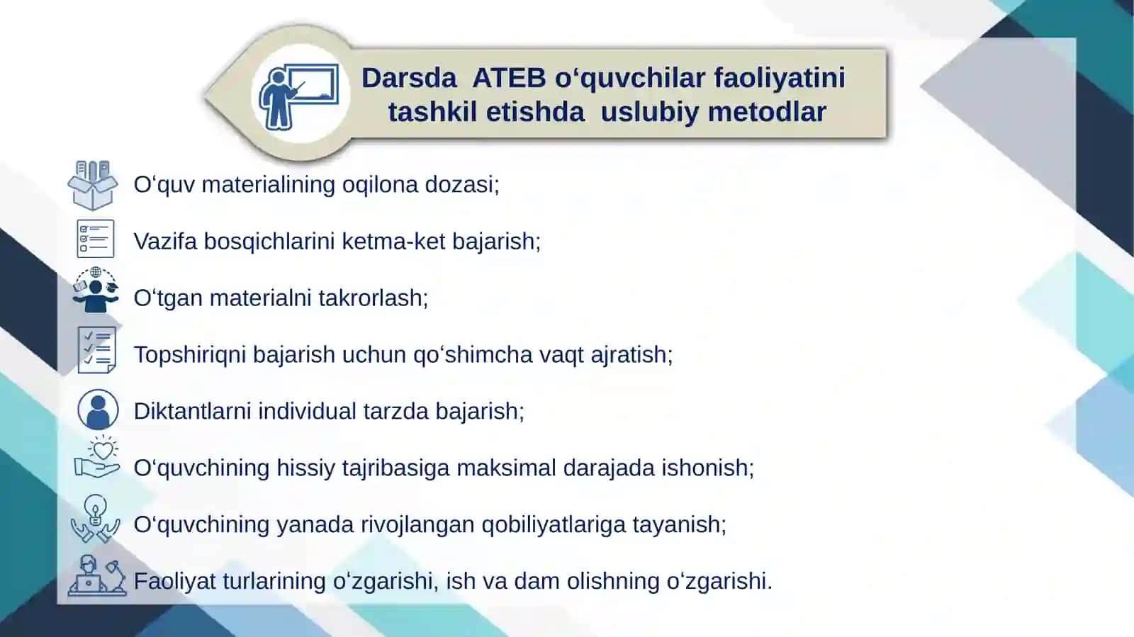 Inklyuziv sinflarda alohida taʼlim ehtiyojlari boʻlgan oʻquvchilar bilan dars oʻtish usullari 4
