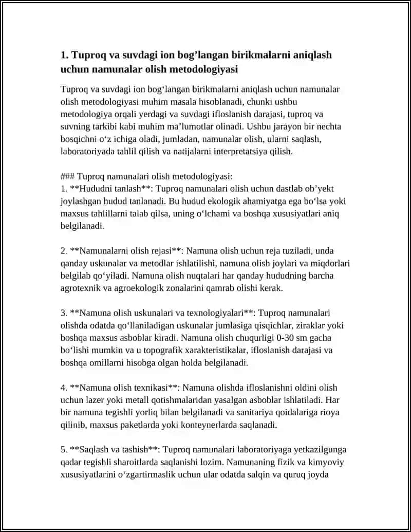 Tuproq va suvdagi ion bogʼlangan birikmalarni aniqlash uchun namunalar olish metodologiyasi 4