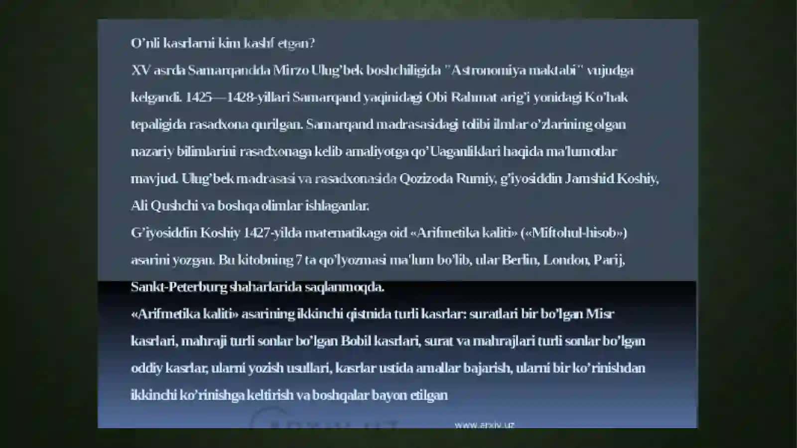 MirzoUlug’bek–davlatarbobivabuyukolim 4