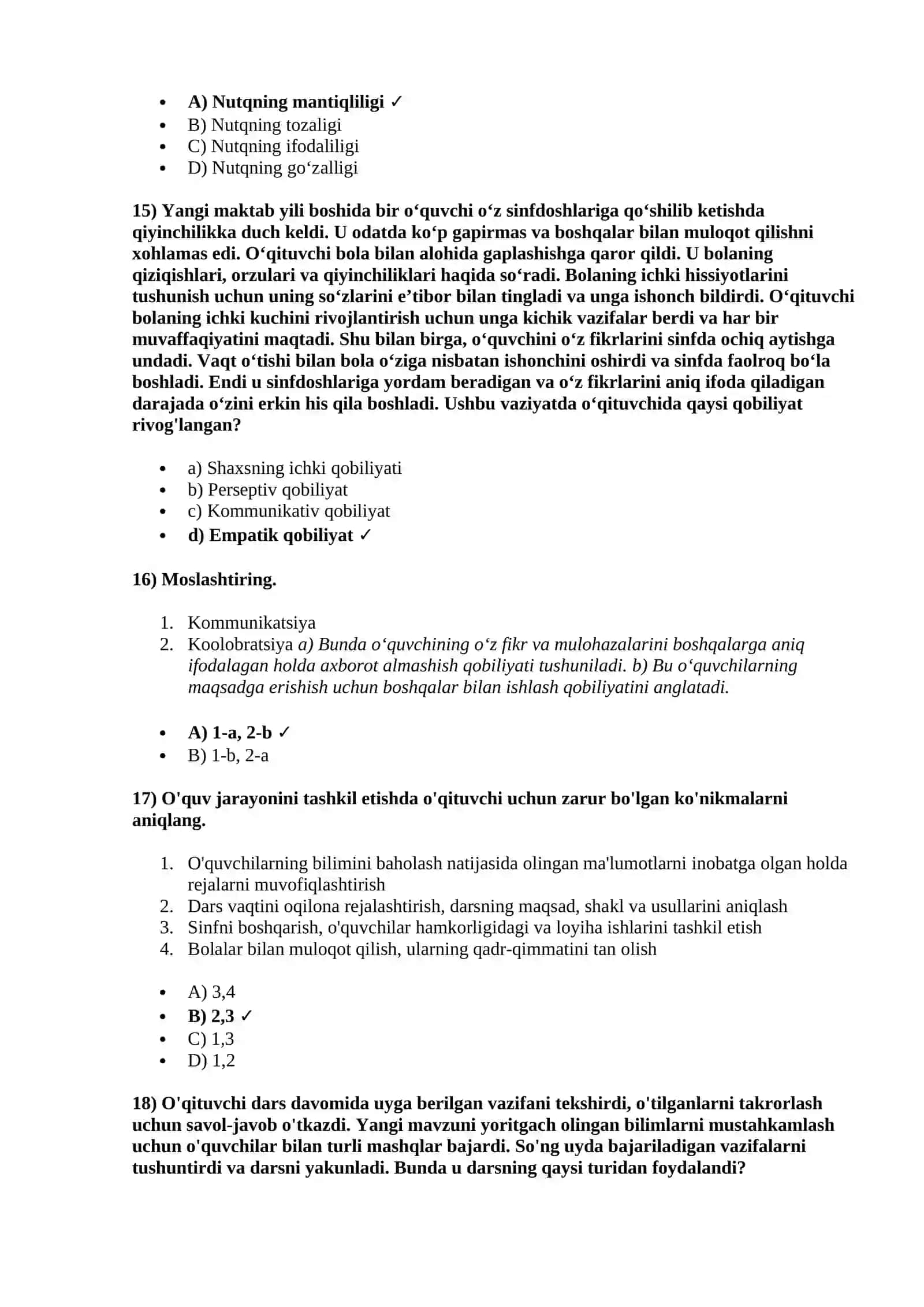 PEDAGOGIK ATTESTATSIYA IMTIHONLARI BARCHA TEST SAVOLLARI, ULARNING RASMIY TOʻGʻRI JAVOBLARI HAMDA PEDAGOGIK TAHLILLARI TIZIMLI KOʻRINISHGA KELTIRILGAN 4