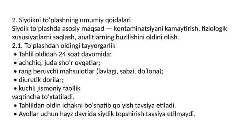 SIYDIKNI LABORATOR TEKSHIRUV UCHUN TO’PLASH:QOIDALAR,NAMUNA TURLARI VA XATOLIKLAR 4