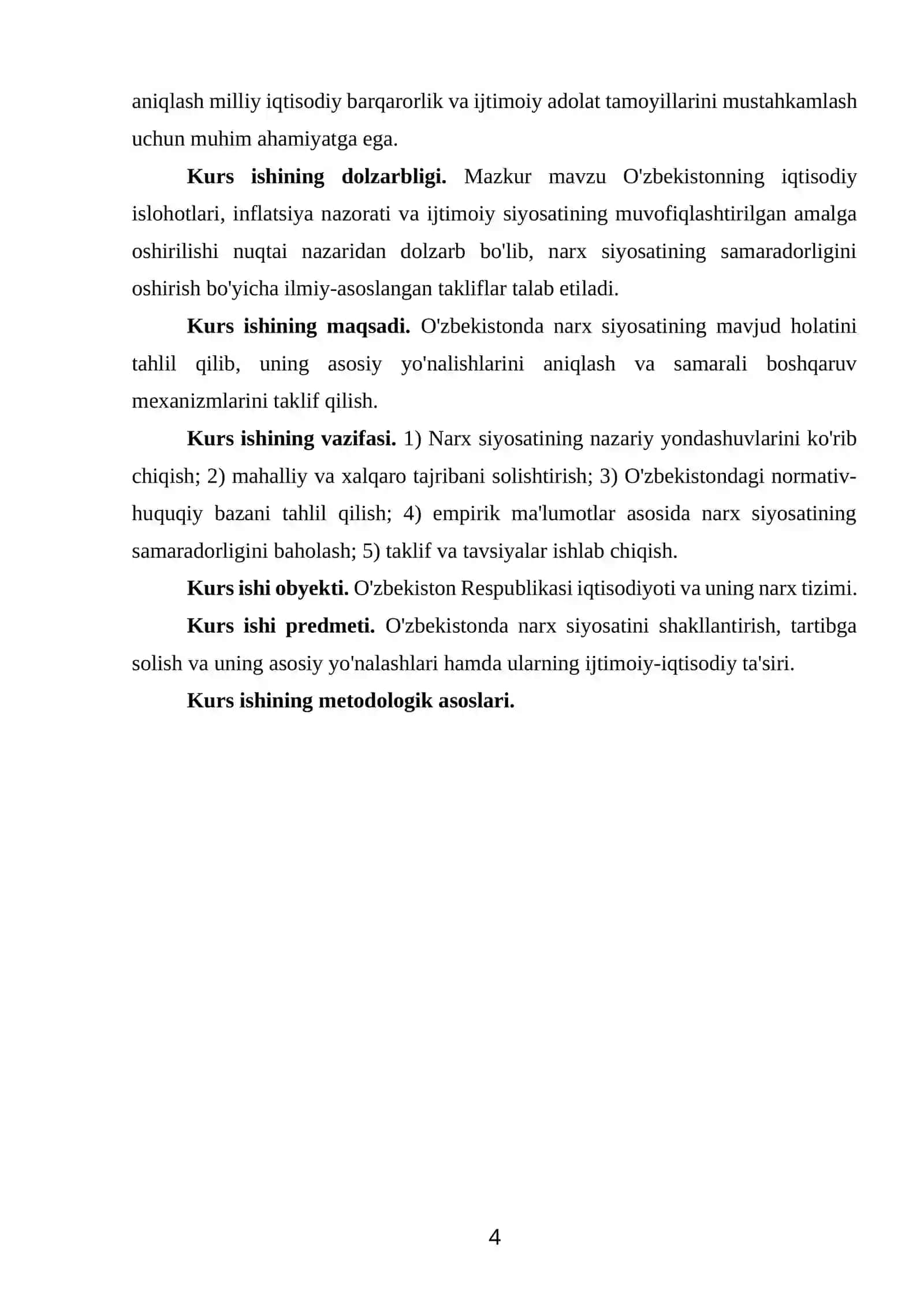 O'ZBEKISTONDA NARX SIYOSATI VA UNING ASOSIY YO’NALISHLARI MAVZUSIDAGI KURS ISHI 4