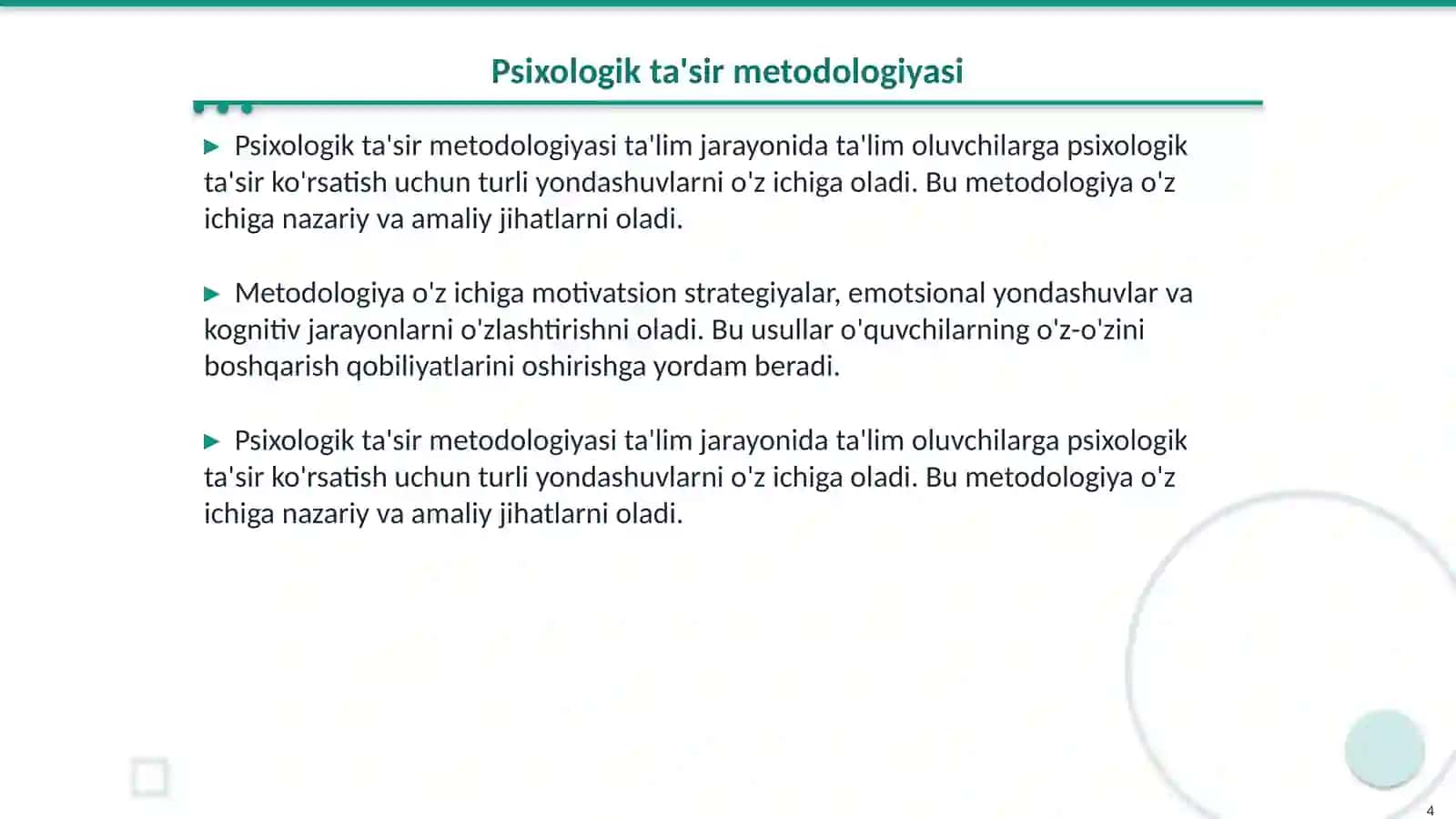 Boshqaruv psixologiyasi. Ta'lim oluvchilarga psixologik ta sir ko'rsatish yollari 4