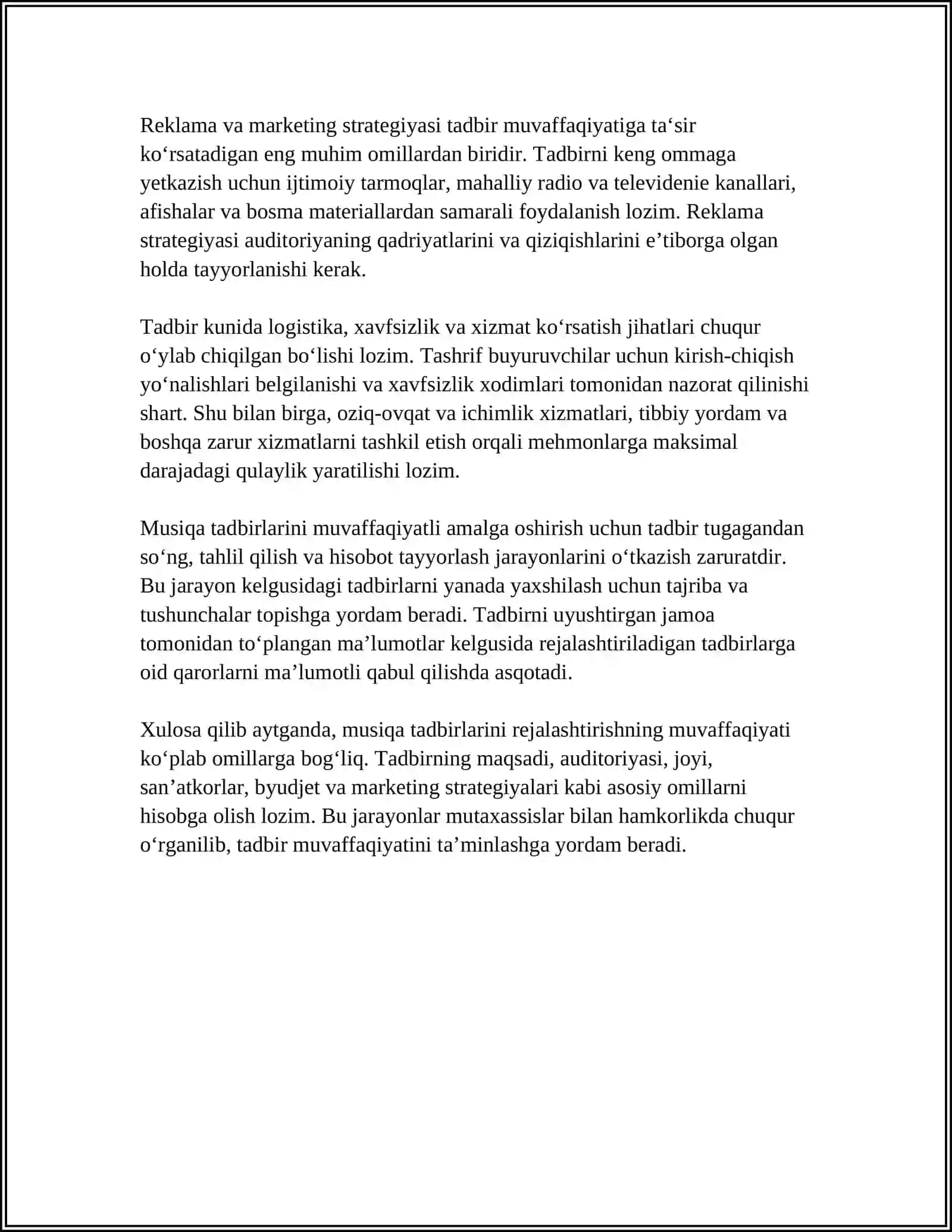 MUSIQA MASHG‘ULOTLAR REJASIDA BAYRAM TADBIRLARI STSENARIYSINI ISHLAB CHIQISH VA ÓTKAZISHGA QÓYILADIGON TALABLAR 4