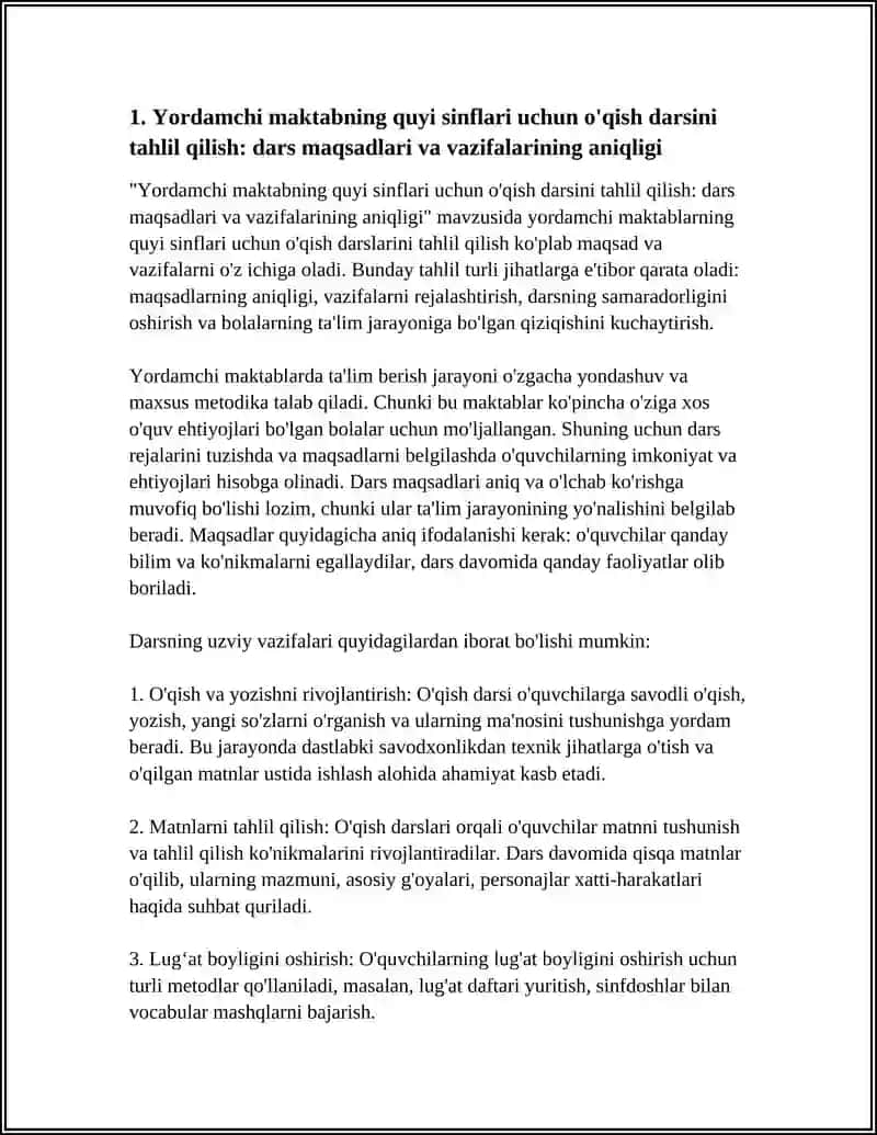 Yordamchi maktabning quyi sinflari uchun o'qish darsini tahlil qilish 4
