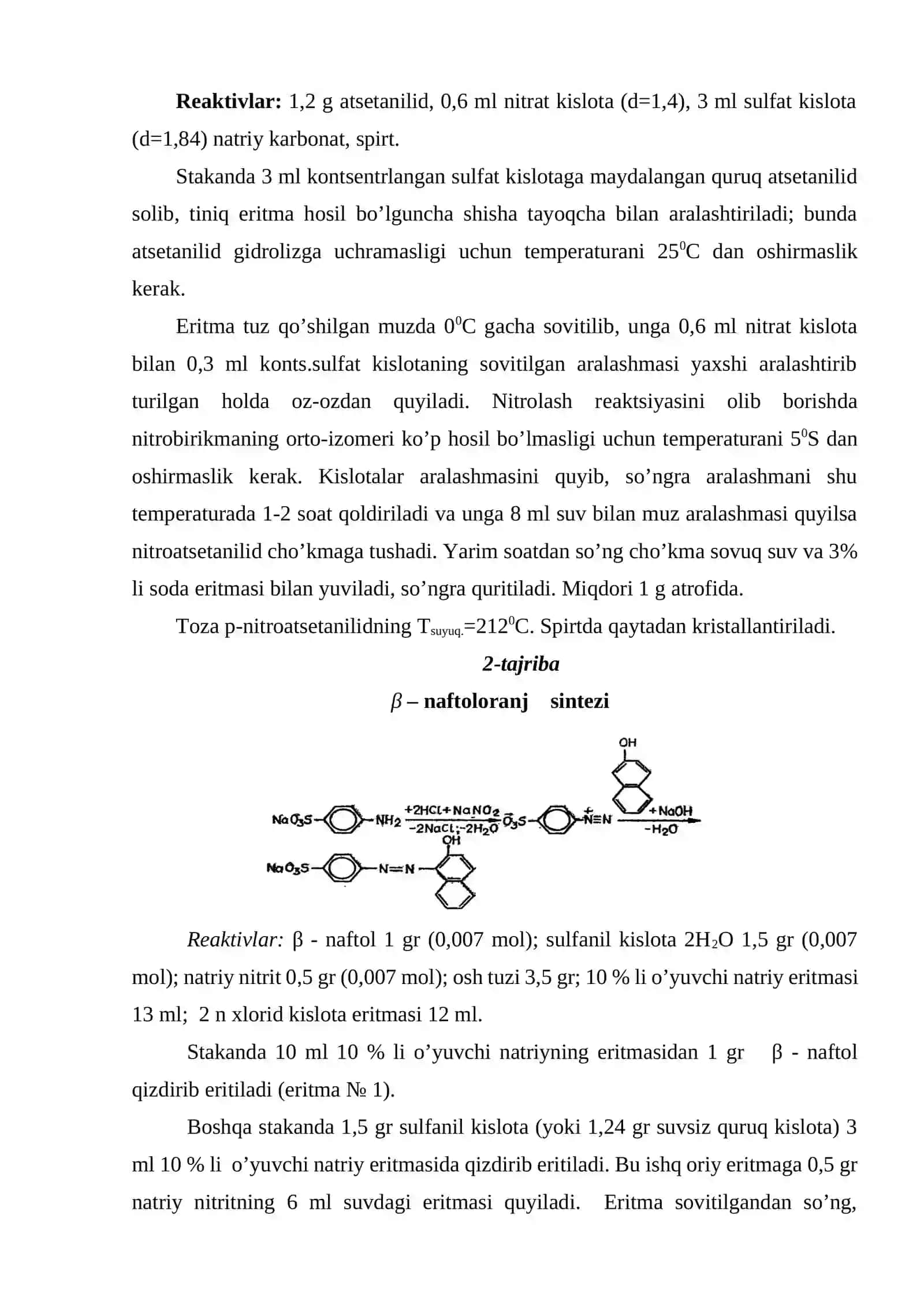 n-Nitroatsetanilid sintezi. β-Naftolaranj sintezi. Oqsillarga xos ksantoprotein reaksiyasi. Disaxaridlarlarni o’rganish 4