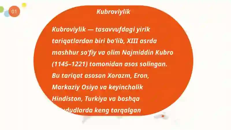 "Pahlavon Mahmud ruboiylarida kubroviylik anʼanalari. Kubroviylik va Ogahiy ijodi. Soʼfi Olloyor gʼazallarining tasavvufiy jihatlari." Sabot-ul ojizin"ning axloqiy maqomlari" 4