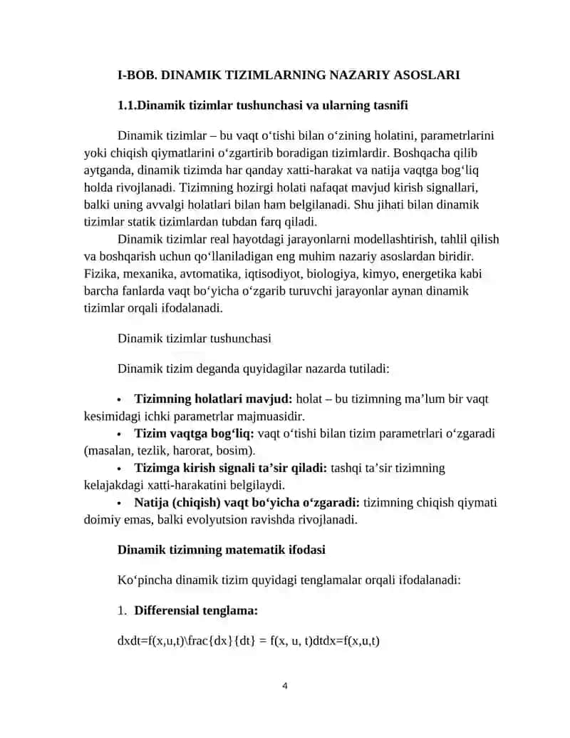 Dinamik tizimlar va ularning modellashtirilgan yechimlari 4