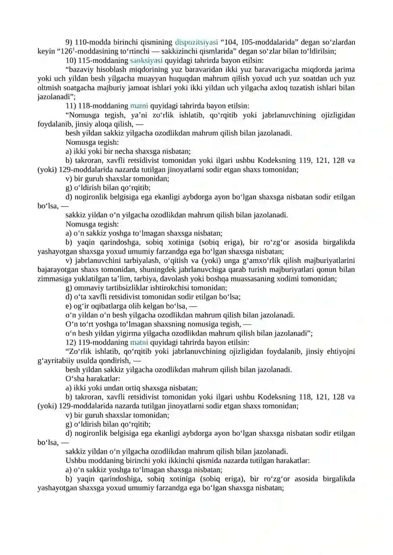 XOTIN-QIZLAR VA BOLALAR HUQUQLARI, ERKINLIKLARI HAMDA QONUNIY MANFAATLARINI ISHONCHLI HIMOYA QILISH TIZIMI YANADA TAKOMILLASHTIRILISHI MUNOSABATI BILAN O‘ZBEKISTON RESPUBLIKASINING AYRIM QONUN HUJJATLARIGA O‘ZGARTISH VA QO‘SHIMCHALAR KIRITISH TO‘G‘RISIDA 4