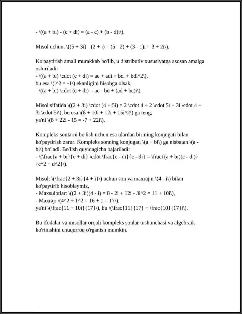 KOMPLEKS SONLARNING ALGEBRAIK,TRIGONOMETRIK VA KO'RSATKICHLI SHAKLLARI.KOMPLEKS SONLARNI QO'SHISH VA AYIRISH,KO'PAYTIRISH VA BO'LISH 4