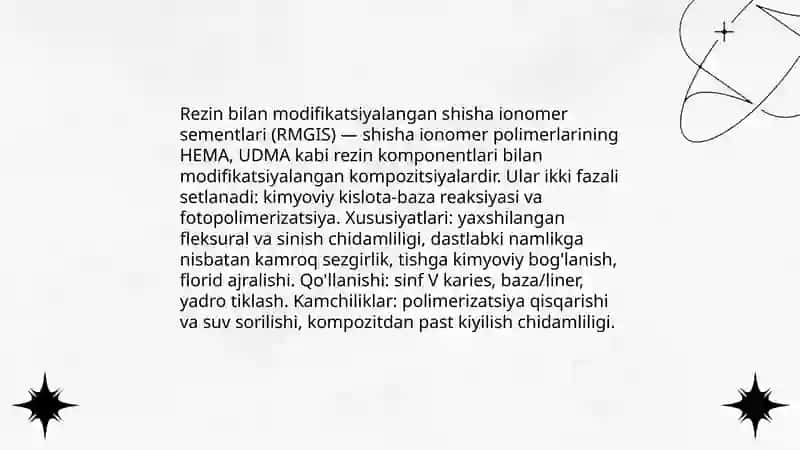 ShIS (shishaionomer sementlar) asosidagi plombalash materiallari turlari 4