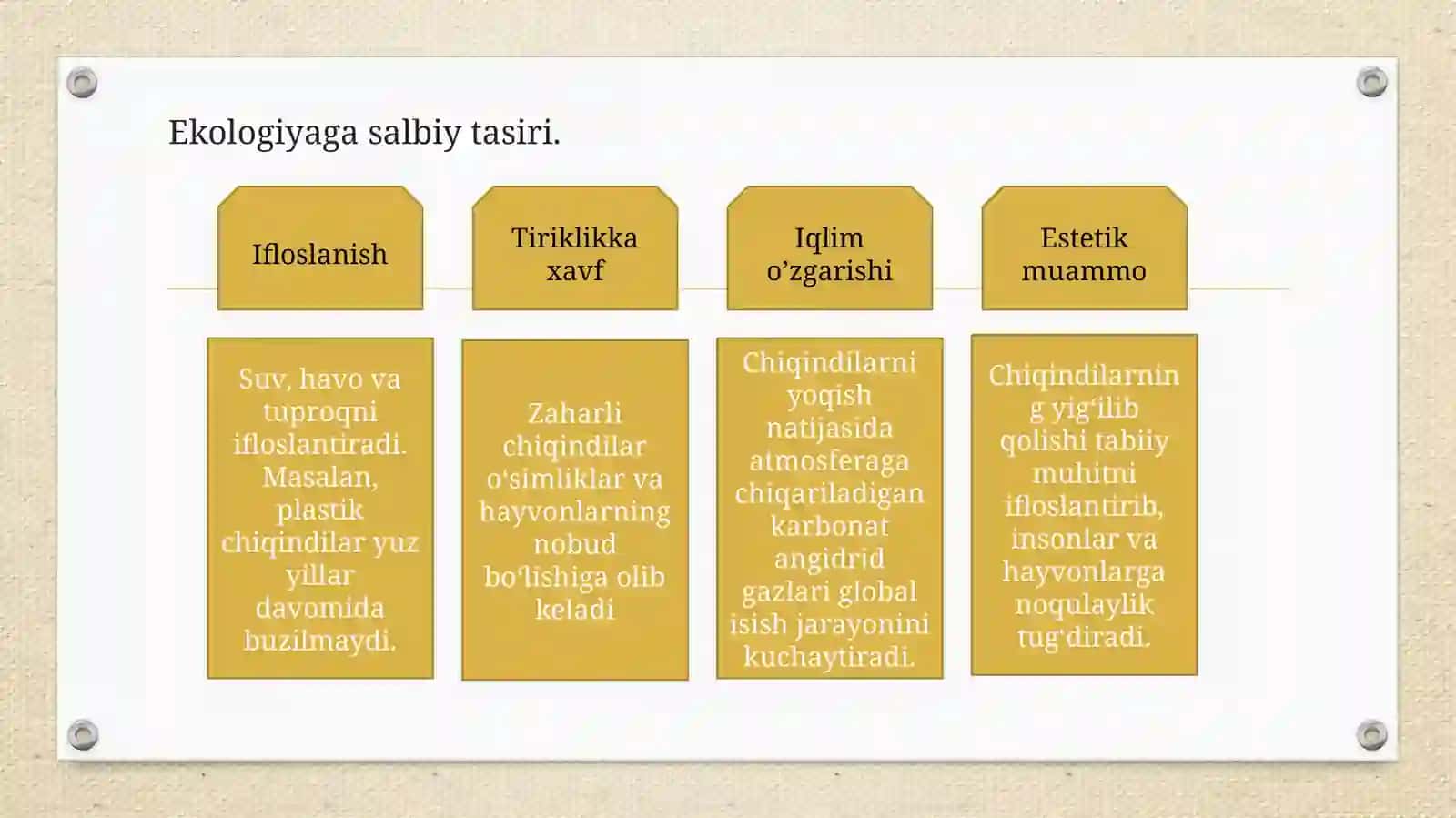 CHIQINDILAR VA ULARNING TURLARI. QATTIQ CHIQINDILARNI QAYTA ISHLASH USULLARI. KAM CHIQINDI VA CHIQINDISIZ TEXNOLOGIYA ASOSLARI 4