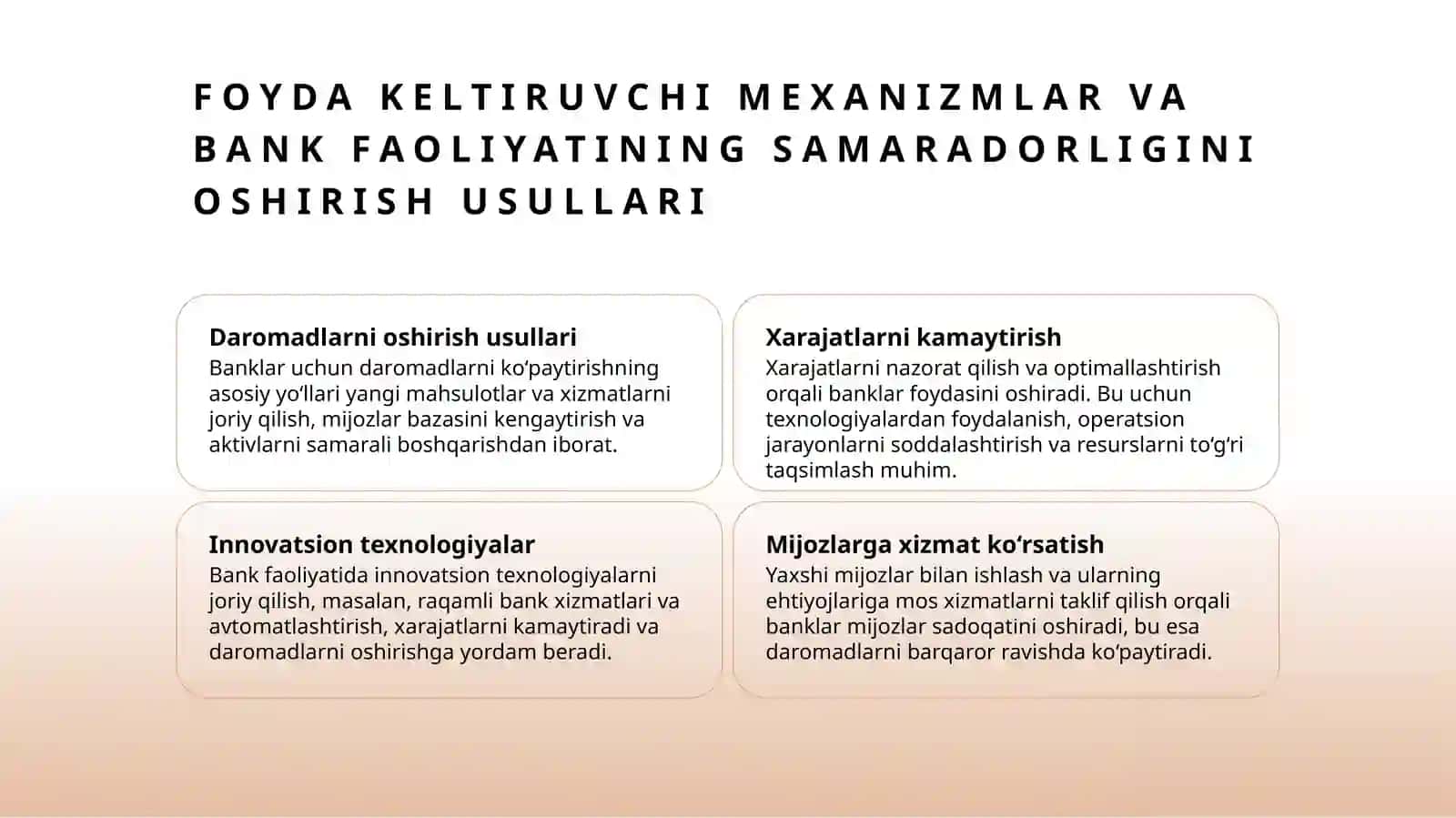 Tijorat banklarining daromatlari harajatlari va foydasini boshqarish yoʻlari 4