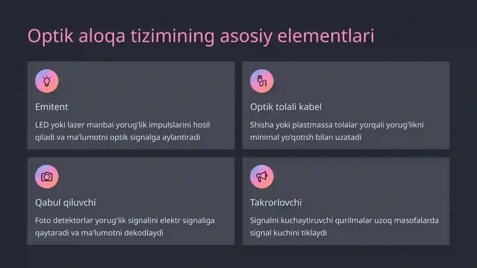 Optik usulda ma’lumot almashish. Simsiz aloqa/uzatish usullari 4