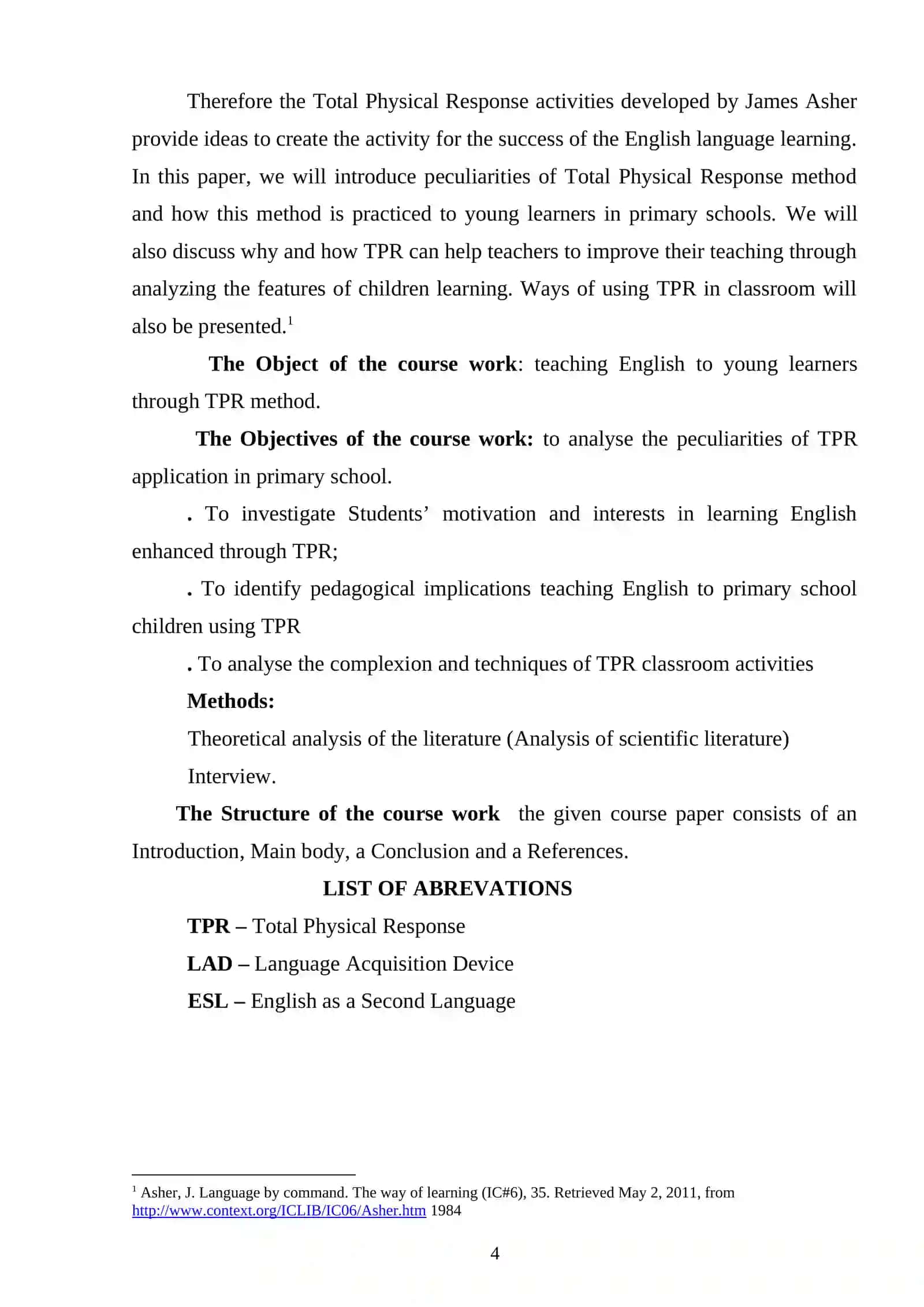 Course Work on Total Physical Response in Teaching Foreign Language in Primary Classes 4
