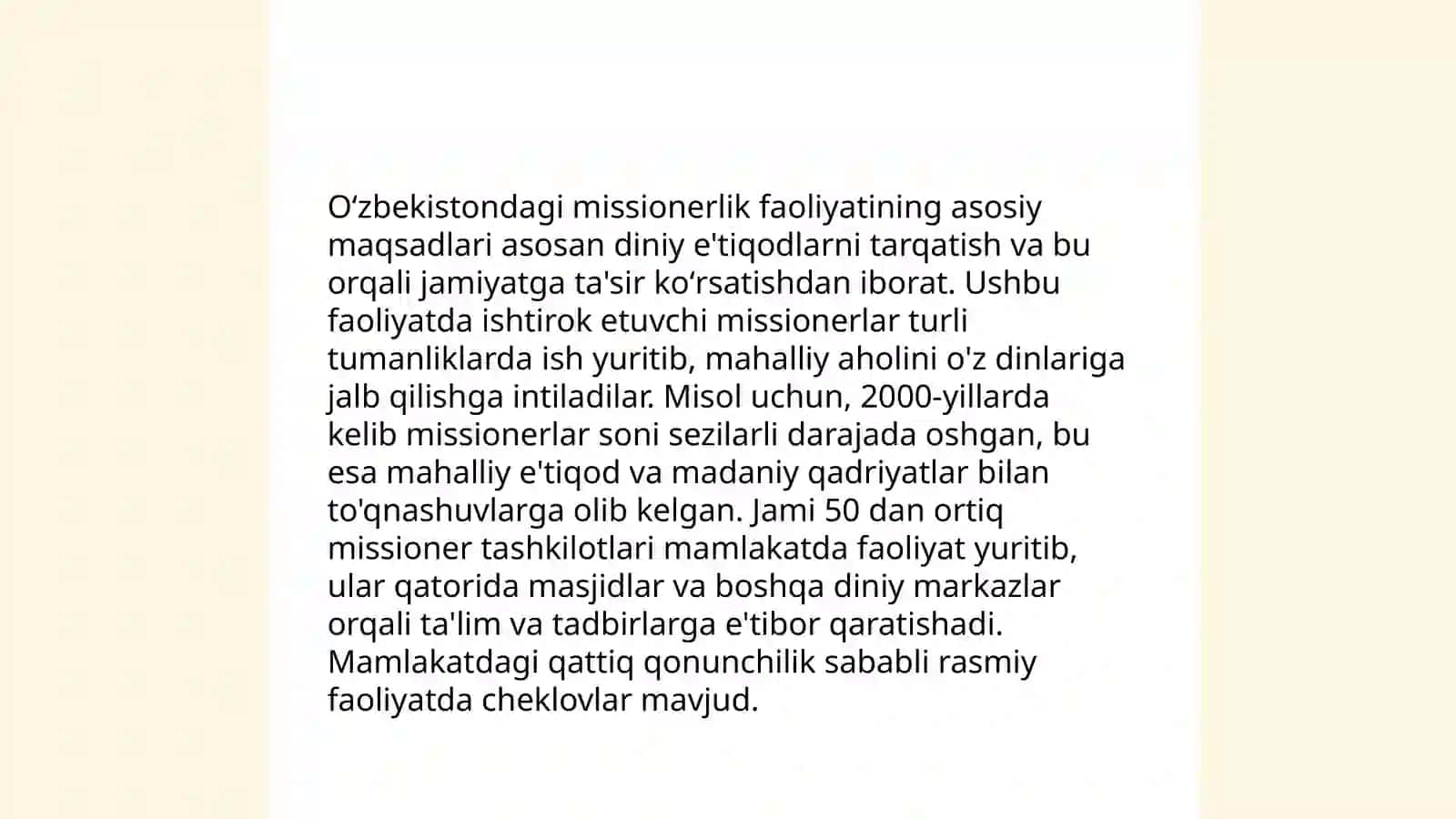 Oʻzbekistonda faoliyati kuzatilgan missionerlik harakatlari haqida 4