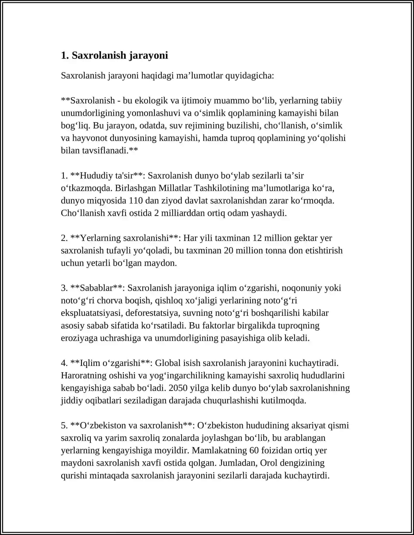 SAXROLANISHNING OʻZBEKISTON OʻSIMLIKLARI JAMOASIGA TASIRI.TUPRO MUHITIGA SALBIY TAʼSIR ETUVCHI OMILLAR VA ULARNING TURLARI 4