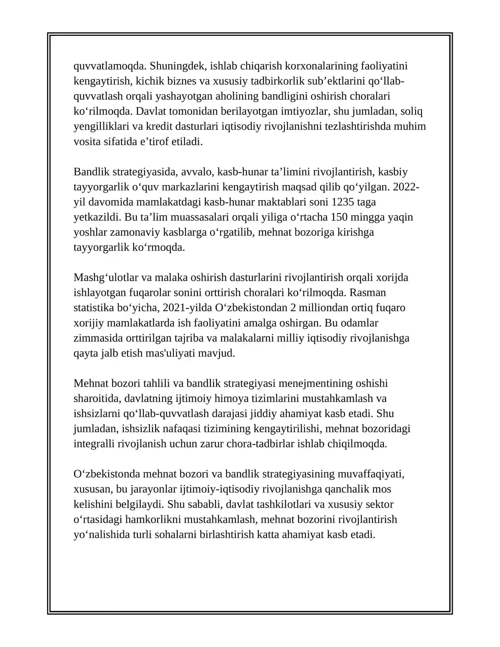 O'ZBEKISTONDA ISHCHI KUCHI BANDLIGINI TA'MINLASH VA ISHSIZLARNI IJTIMOIY HIMOYALASH BORASIDAGI DAVLAT SIYOSATI 4